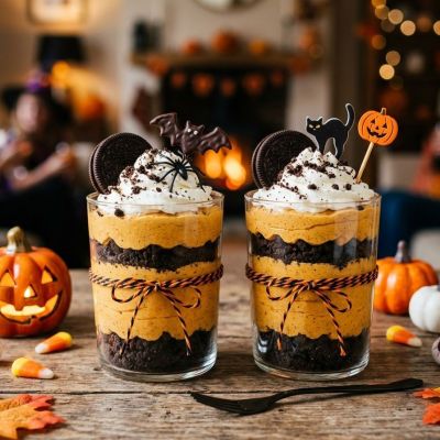 Halloween απόλαυση σε ποτήρι: μους κολοκύθας με τραγανά μπισκότα σοκολάτας