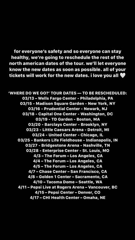 Επίσης οι συναυλίες της αναβάλλονται, ωστόσο τα εισιτήρια που έχουν ήδη αγοραστεί θα μπορούν να χρησιμοποιηθούν για τις νέες συναυλίες που πρόκειται να πραγματοποιηθούν.