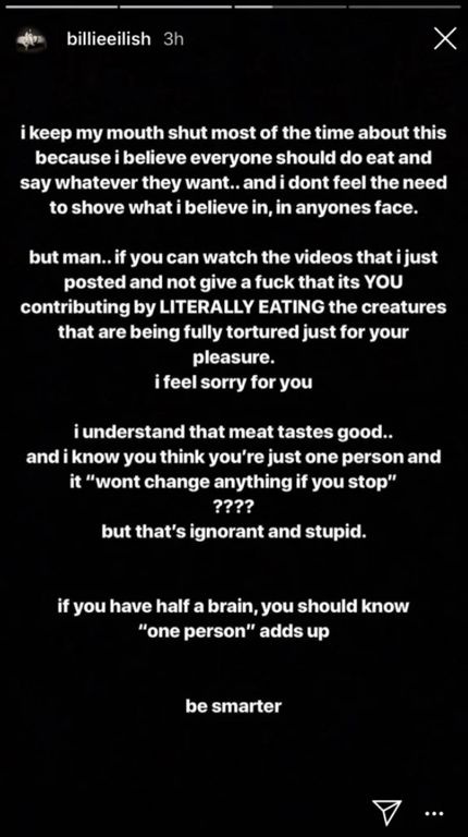 «Αν μπορείτε να δείτε τα βίντεο που έχω ποστάρει και συνεχίζετε να μπορείτε να τρώτε κρέας, λυπάμαι πολύ για εσάς», είχε γράψει.