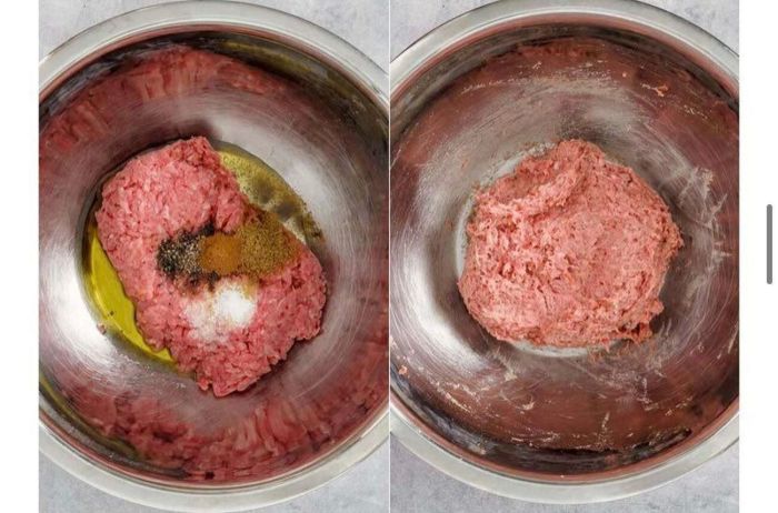 Ανακατεύεις τον κιμά με το ελαιόλαδο, το αλάτι, το μαύρο πιπέρι, το κύμινο και την κανέλα. 