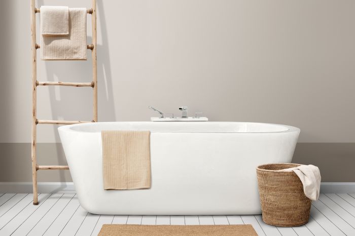 Minimal bathroom interior design with wooden furniture