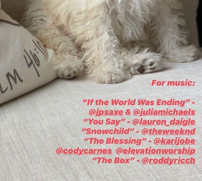 Μουσική: 
I the WorldWas Ending Jp Saxe Julia Michaels 
You Say Lauren Daigle
Snowchild The Weeknd
The Blessing Kari Jobe
The Box Roddy Ricch