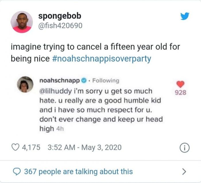 Υπήρχαν όμως και εκείνα τα tweets που υποστήριζαν τον Noah:
Φαντάσου να προσπαθείς να «ακυρώσεις» ένα δεκαπεντάχρονο παιδί μόνο και μόνο επειδή ήταν καλός.