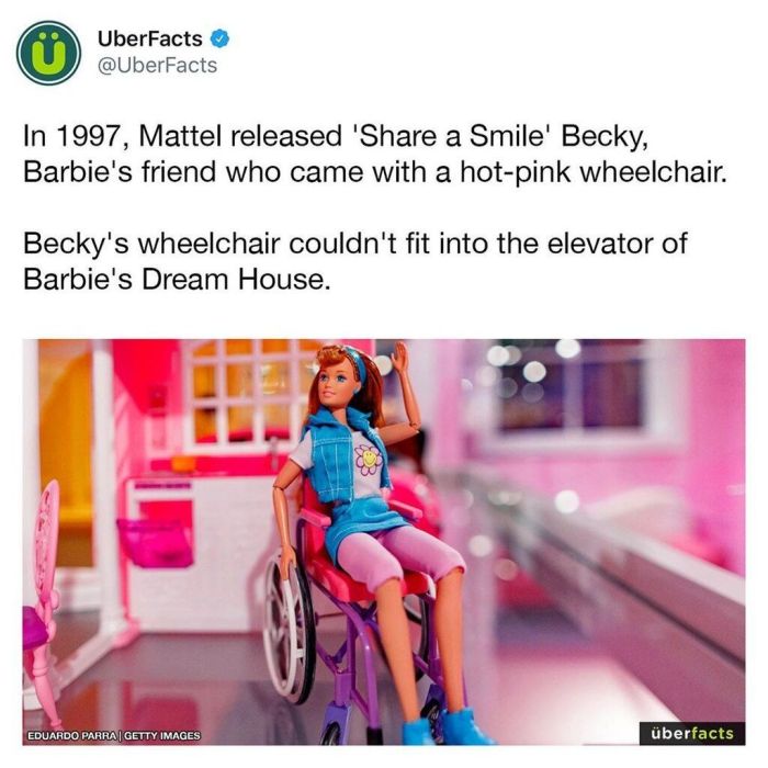 To 1997, κυκλοφόρησε η φίλη της Barbie «Share a Smile» Becky, η οποία ήταν σε ένα υπέροχο ροζ αμαξίδιο. Οι κατασκευαστές όμως υπολόγισαν λάθος αφού ήταν αδύνατον να χωρέσει στο ασανσέρ του σπιτιού της Barbie.