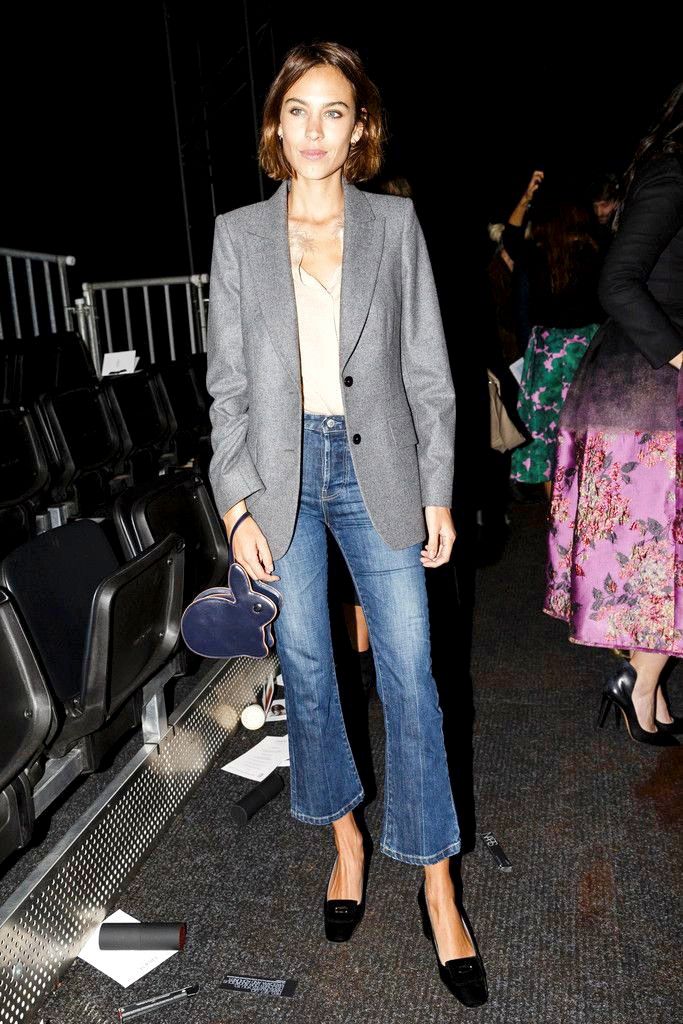 Le Fashion Blog Alexa Chung Kick Flare Cropped Jeans Wavy Bob Hair Grey Blazer Double Breasted Jacket Blush Button Down Shirt SS16 Front Row Via Harpers Bazaar UK d87bf
