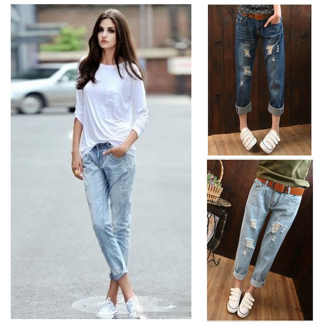 2015 Summer Style Women Denim Roll Up Cuffs Pants Retro Vintage Loose Hole Jeans Washed Cotton 2