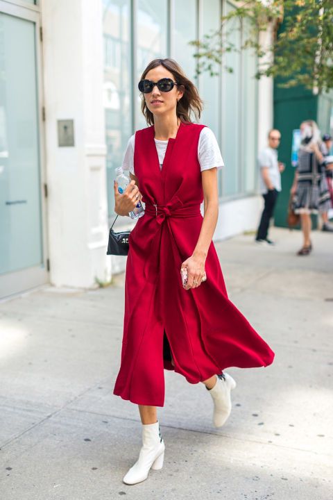 wrap dress red white boots platform mod booties nyfw street style hbz alexa chung