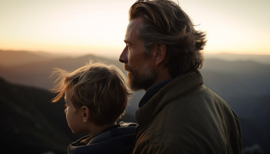 Father and son bond on mountain adventure generated by AI