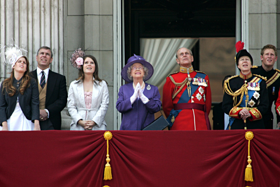 Queen Elizabeth II, Duke of Edinburgh, Princess Beatrice, Prince Andrew, Princess Eugene, the Princess Royal, Prince Harry